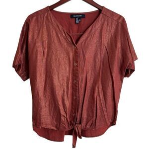 Ellen Tracy Metallic Rust Linen Blend Tie Front Button Up Short Sleeve Blouse S